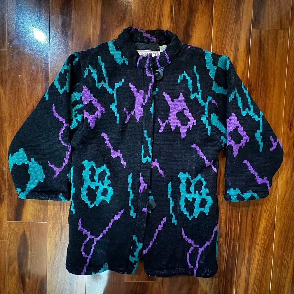 Vintage Changing Scene Knit Jacket Quilted Lined 80s 90s Teal Purple Small
